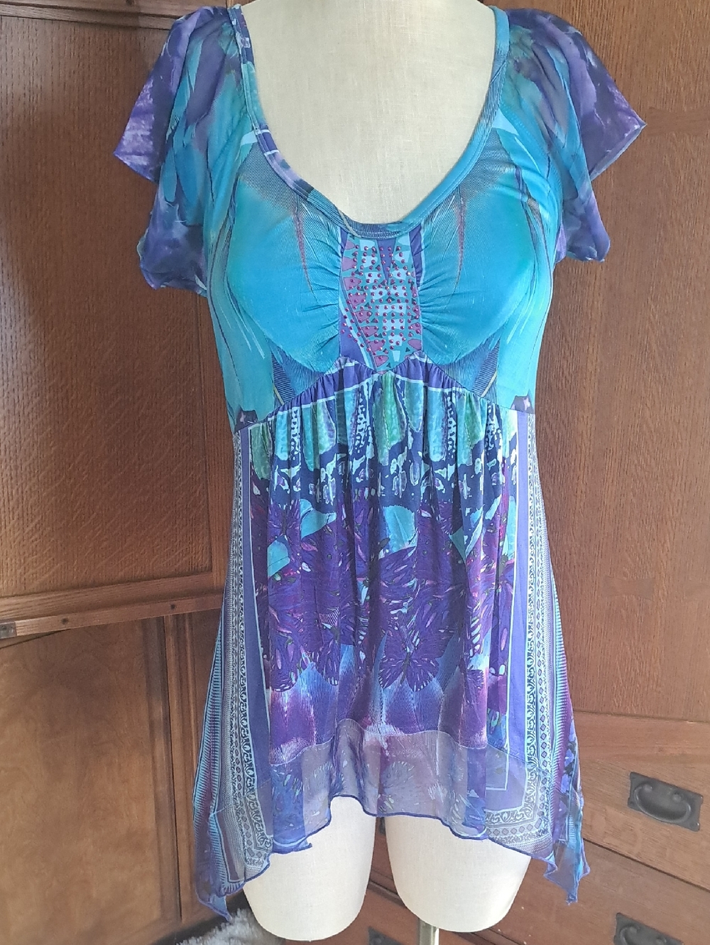 Live and Let Live Boho Mesh Tunic Blouse Butterfly Petite Medium PM Purple